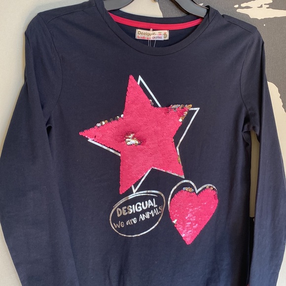 Desigual Long Sleeve Blue/Pink Tee Shirt w/Sequin Embellishment - Size 13/14 - Picture 2 of 9